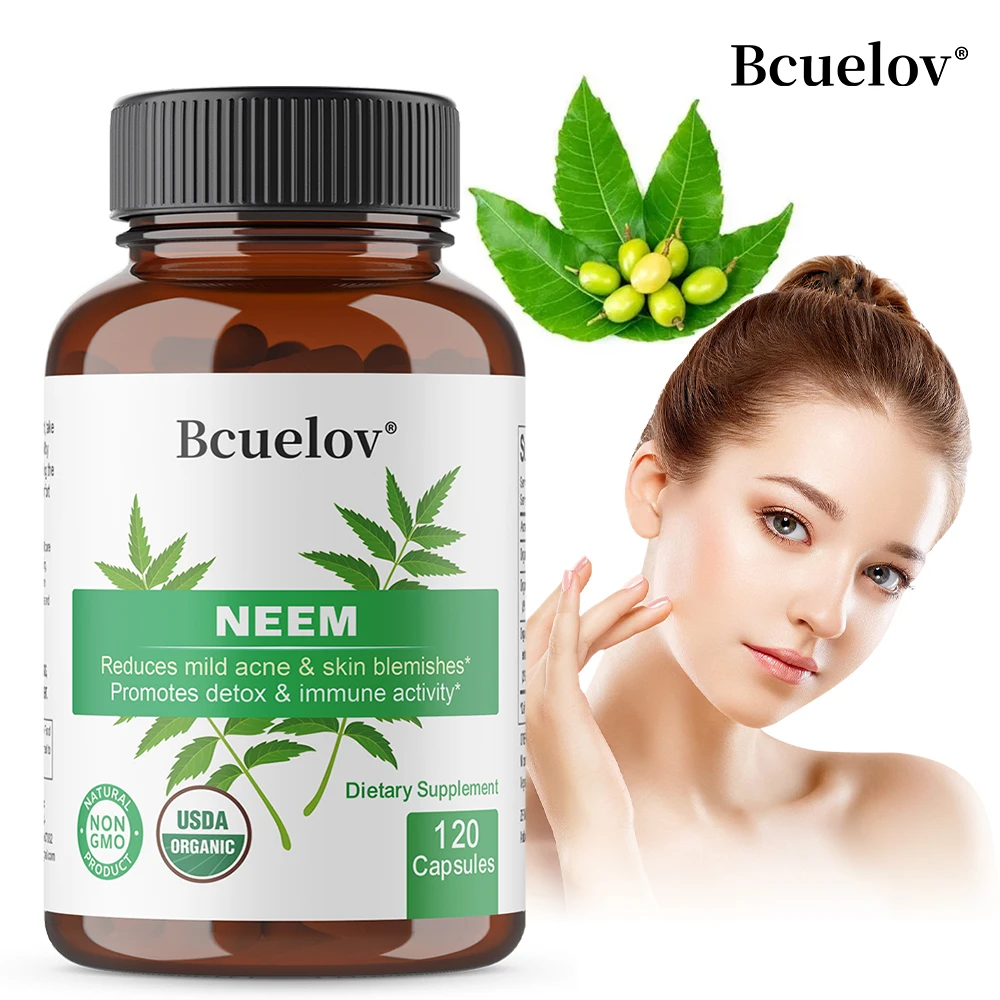Organic Neem Capsules - Herbal Acne Supplements Supporting Clear Skin and Detox - Vegan, Non-GMO, Gluten Free