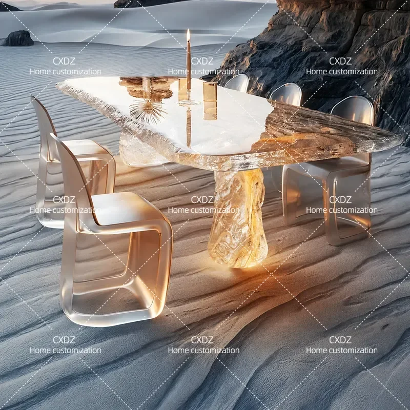 Luxury Crystal Tea Table Chair Transparent Resin High End Villa Dining Coffee Table Customizable