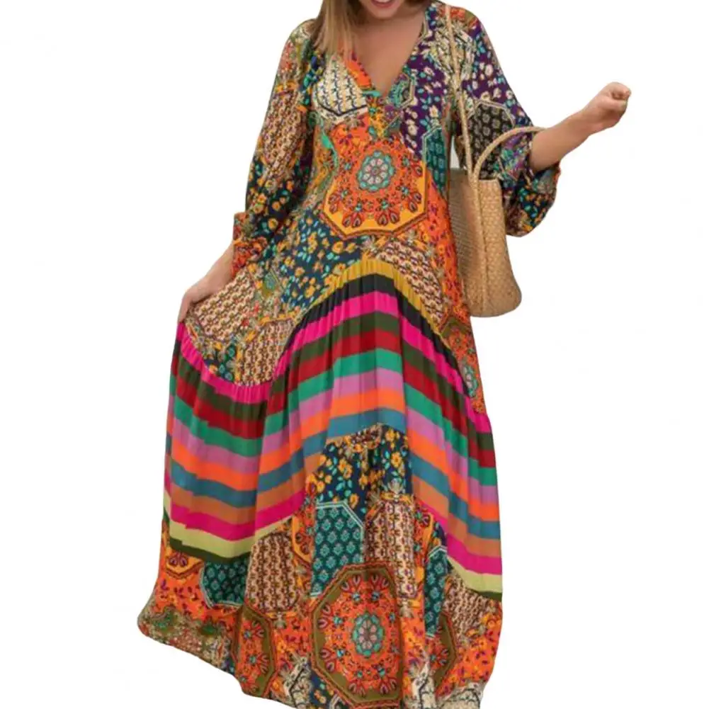 Maxi Dress Fashion Summer Ethnic Print Pattern Oversized Long Dress Anti-pilling Vacation Dress