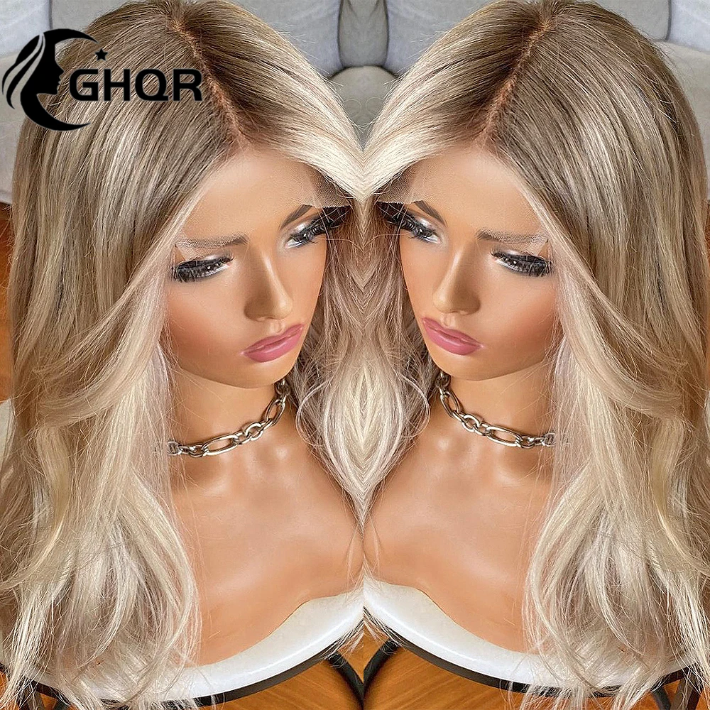 

Ash Blonde Human Hair Wigs natural wave Hd Transparent Lace Brown Roots Ombre Pre Plucked Blonde 360 Lace Frontal Wig Human Hair