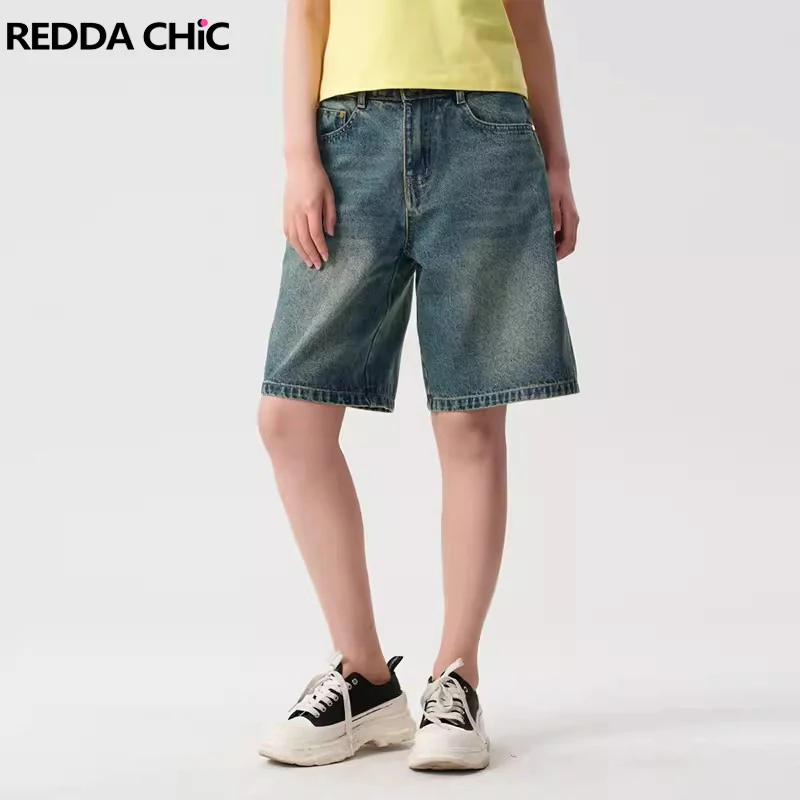 REDDACHiC Retro Whiskers Denim Shorts Women Bleached Low Rise Knee Long Wide Leg Casual Baggy Jeans Jorts Korean Summer Clothes