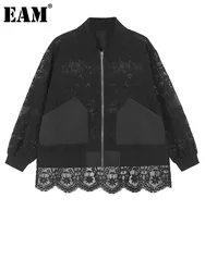 [EAM] Black Lace Perspective Big Size Jacket New Stand Collar Long Sleeve Women Coat Fashion Tide Spring Autumn 2024 1DH7245