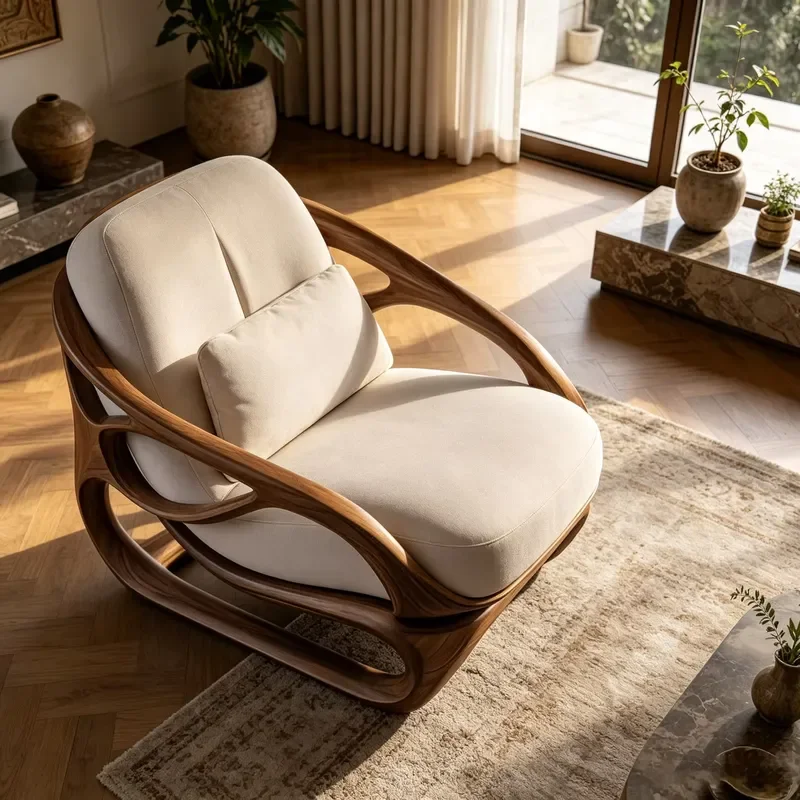 Organic Lounge Chair with Fiberglass Frame, Walnut Veneer Finish and Soft Plush Cream Fabric Cushion