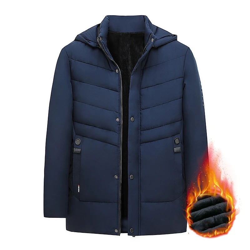 KIDWHXR Winter Man Parkas Coat Thicken Stand Collar Men Fleece Jacket Loose Long Sleeve Business Casual Male Hooded Outerwear