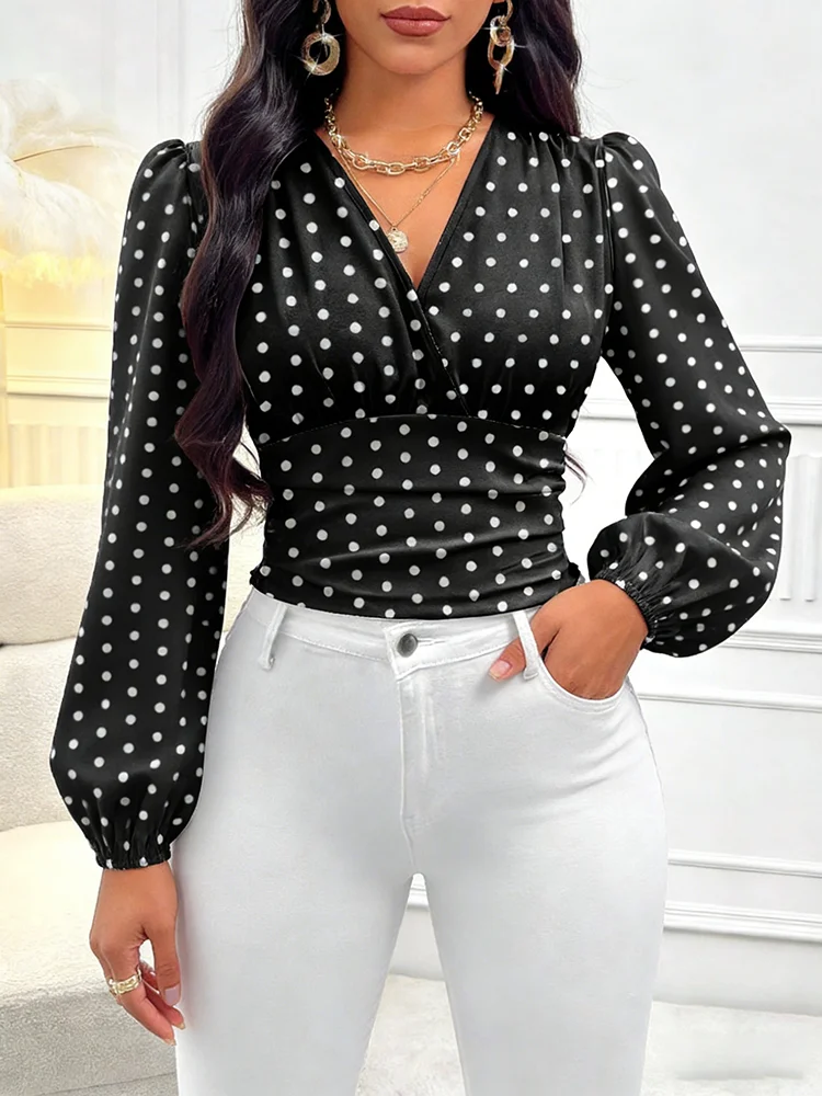 여성 블라우스 봄 여름 블랙 화이트 물방울 무늬 랩 V넥 퍼프 롱 슬리브 주름 허리 빈티지 스타일리쉬 데일리 캐주얼 탑