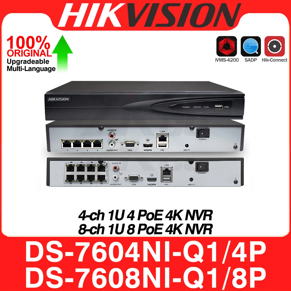เครื่องบันทึกวิดีโอเครือข่าย Hikvision DS-7604NI-Q1/4P DS-7608NI-Q1/8P 4K 4/8CH 4/8 PoE NVR 8MP H.265+ MD2.0 การเฝ้าระวังความปลอดภัย
