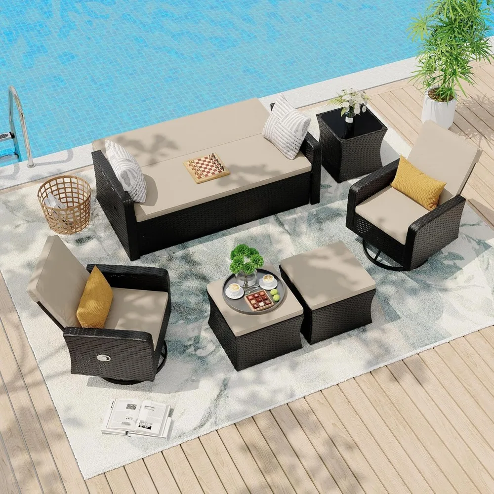 

6 Piece Patio Furniture Set, Wicker Patio Conversation Sets w/ Swivel & Recline Chairs, Sectional Sofa Sets w/2 Storage Ottoman