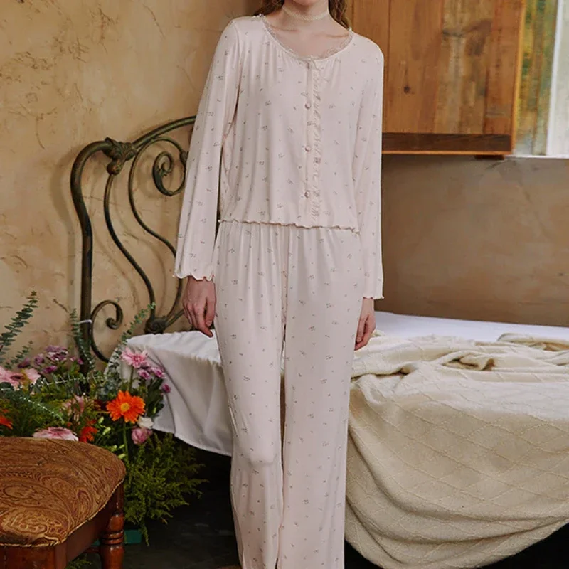 Vintage Print Pajama Sets Autumn Women Sweet Tops Pants Loungewear Fairy Modal Loose Lace Pajamas Princess Sleepwear Nightwear image 5