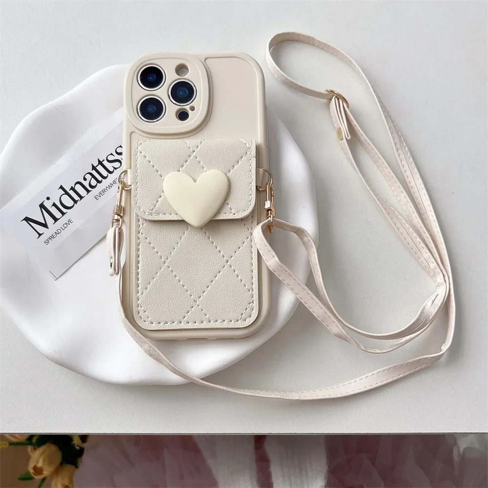 Niedliches Herz-Lanyard Umhängekette Kartenhalter Handyhülle für iPhone 18 17 Air 16 15 14 Plus 13 12 11 Pro Max XR Cover