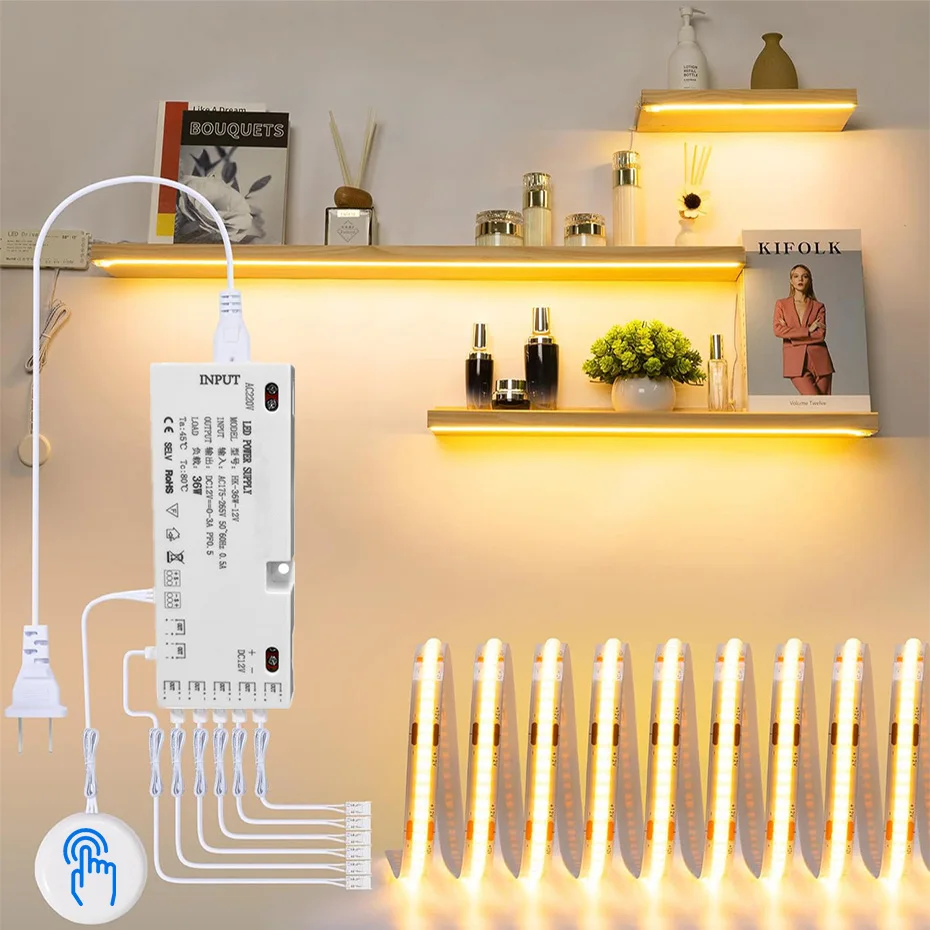 1-5m 12V COB Cabinet Collection Display Led Light Tape Bookcase Wardrobe Closet Lighting EU UK US AU Plug Dimmer Touch Sensor