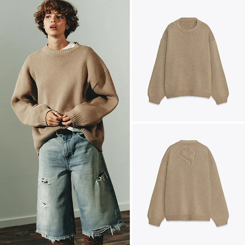 Nueva llegada otoño ZA2025 mujer Simple Match largo Sve redondo Ne suéter de punto suelto Casual Sle Loose Fit redondo Ne