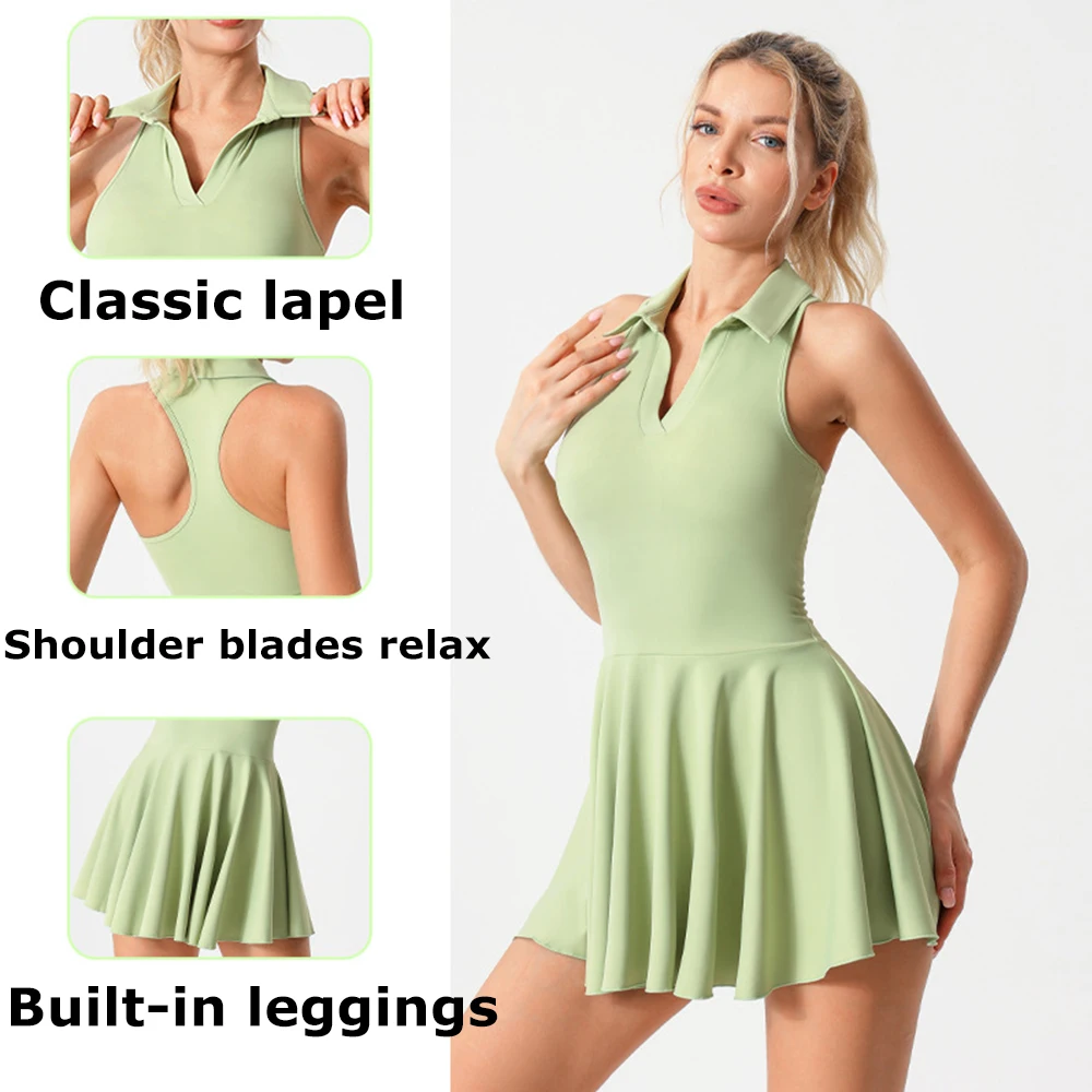 

Goddess Sports Yoga Dress Tennis Badminton Exercise Short Skirt Quick Drying Slim Fit Yoga Dress Lapel Chest Pad Hidden Pockets