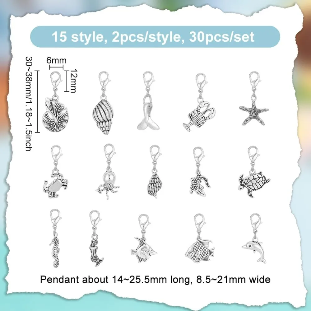 30 Pcs 15 Styles Sea Zipper Pull Charm Ocean Animal Alloy  Pendant Turtle Shell Fish  Pull  Puller Decoration