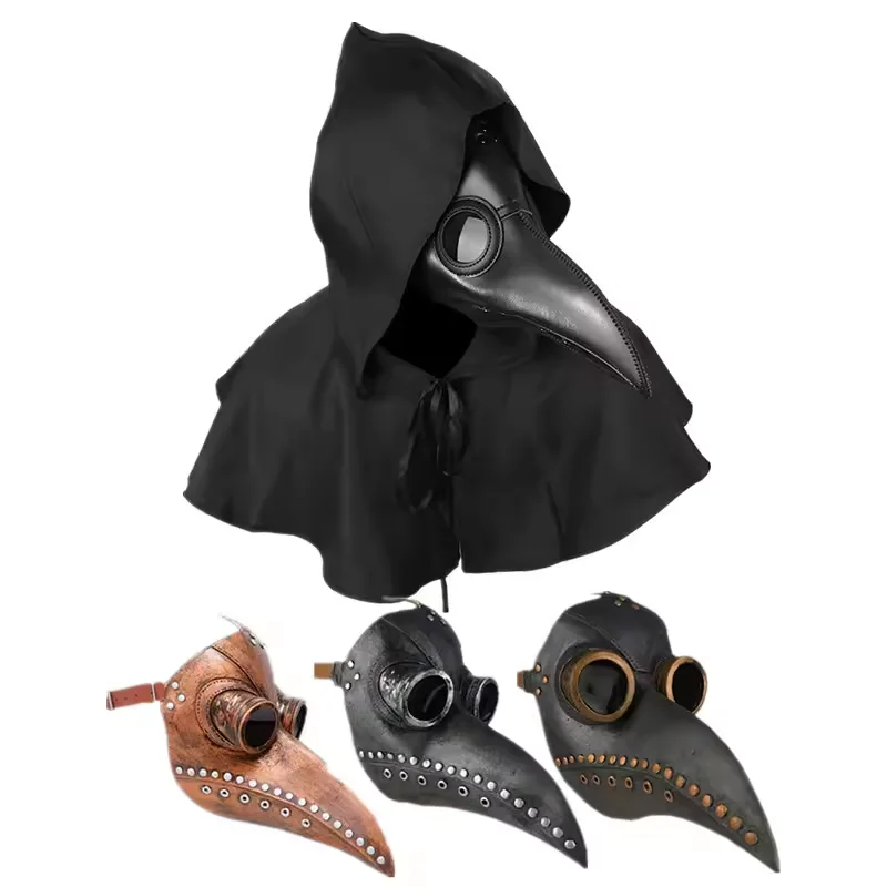 Medieval Plague Doctor Cosplay Costume for Halloween with Pointed Hat Cloak Bird Beak Mask and Hooded Cloak Cosplay Party