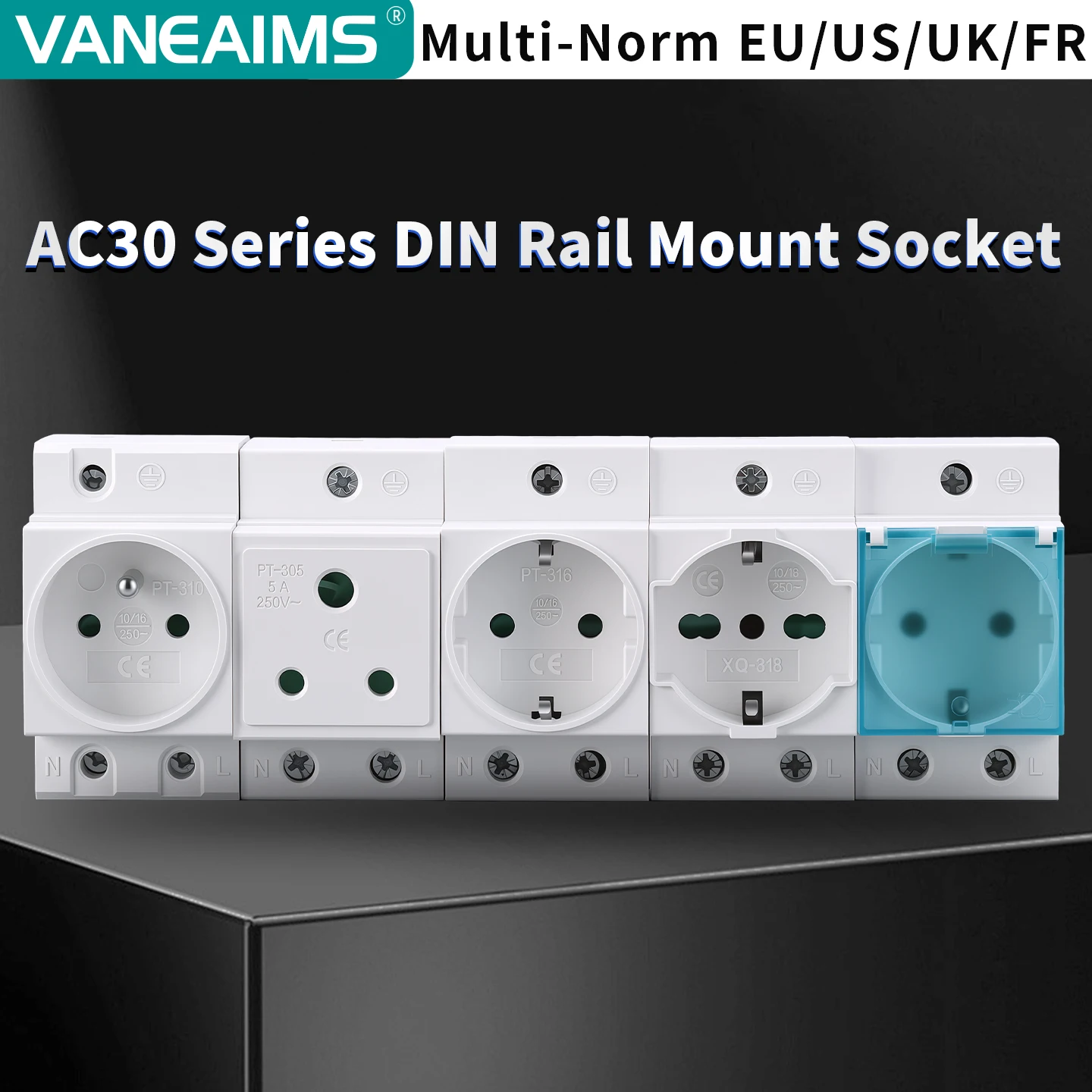 VaneAims AC30 Modular DIN Rail Socket EU US UK FR AU IT BR South Africa Standard 250VAC 16A AC Power Socket Adapter Connector