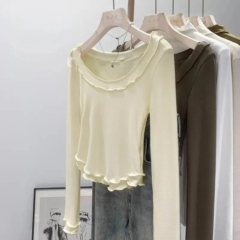 Women's Wave Hem Slim Long Sleeve Top Sweet Element Soft Skin Layering Shirt