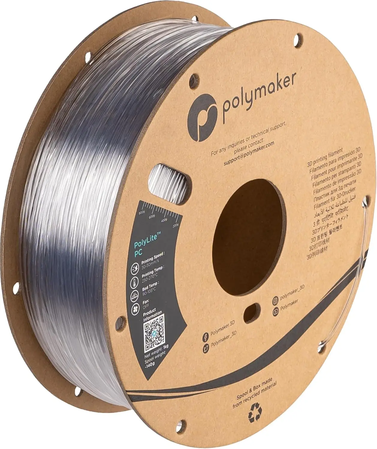 

Clear Polycarbonate Filament 1.75mm, Strong & Heat Resistant for 3D Printing, 1kg Spool