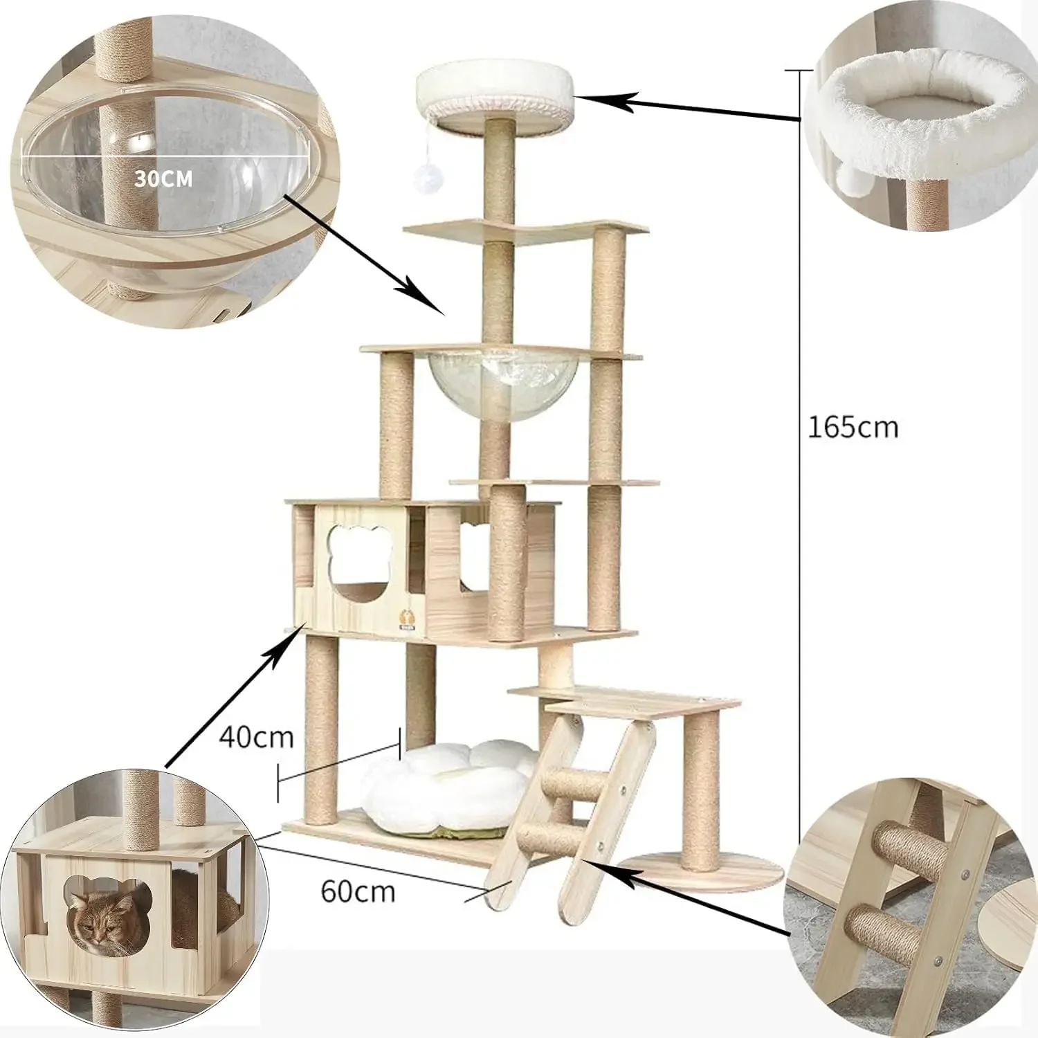 

Top Design Wood-Level Cat Tree Tower with Condo,Toy Balls, Sisal Scratching, Indoor Cats Large Adult，