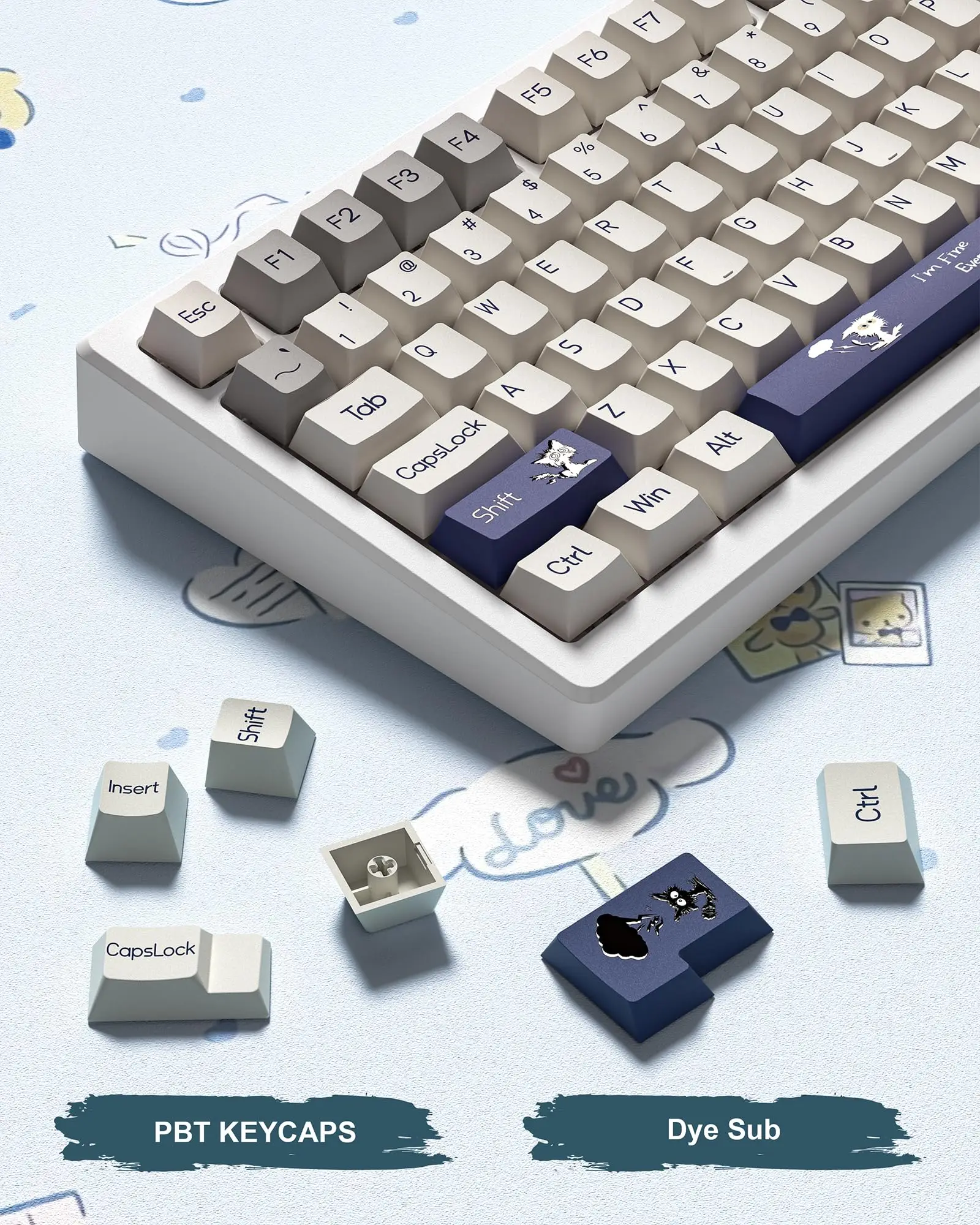 135 คีย์แมวน่ารักห้าด้าน Dye Sublimation PBT keycaps โปรไฟล์เชอร์รี่ที่กําหนดเองคีย์บอร์ด Keycaps สําหรับ Cherry MX Switches คีย์บอร์ด