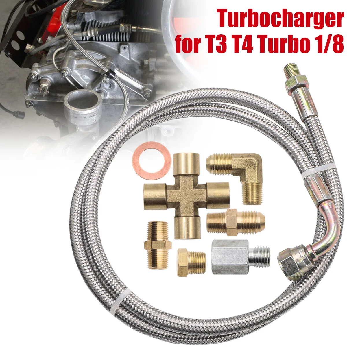 New Turbo Oil Feed Line Kit Universal Oil Return Line Kit Oil Drain Line Kit with 1/8 NPT, 90 ° 4 AN To 1/8 NPT Connector For