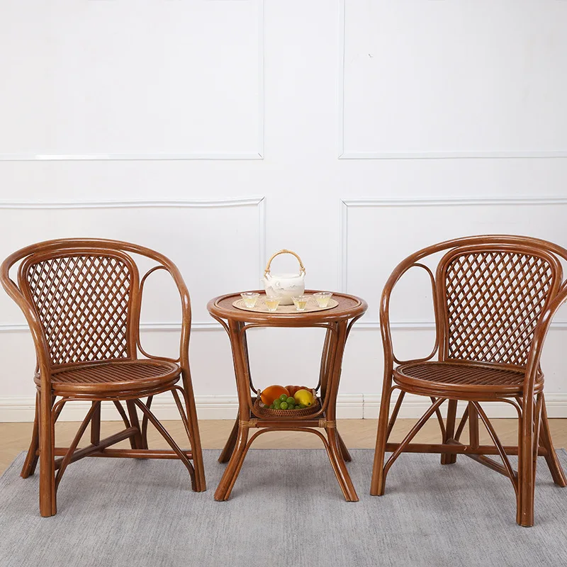 Rattan Chair Natural True Rattan Backrest Leisure Table and  Elderly  Single Teng  Teng Household Balcony Three-piece Set