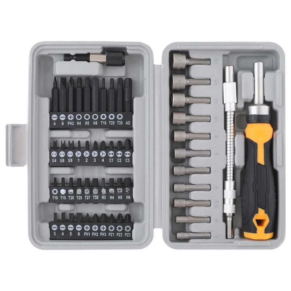 Chrome Vanadium 54-Piece Bit Kit Includes Slotted PH H T U Y C Bits Sockets 170mm Flexible Rod and Ratcheting Handle