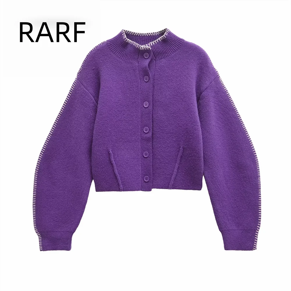 Women's new autumn and winter product purple high neck long sleeved versatile knitted cardigan sweater jacket