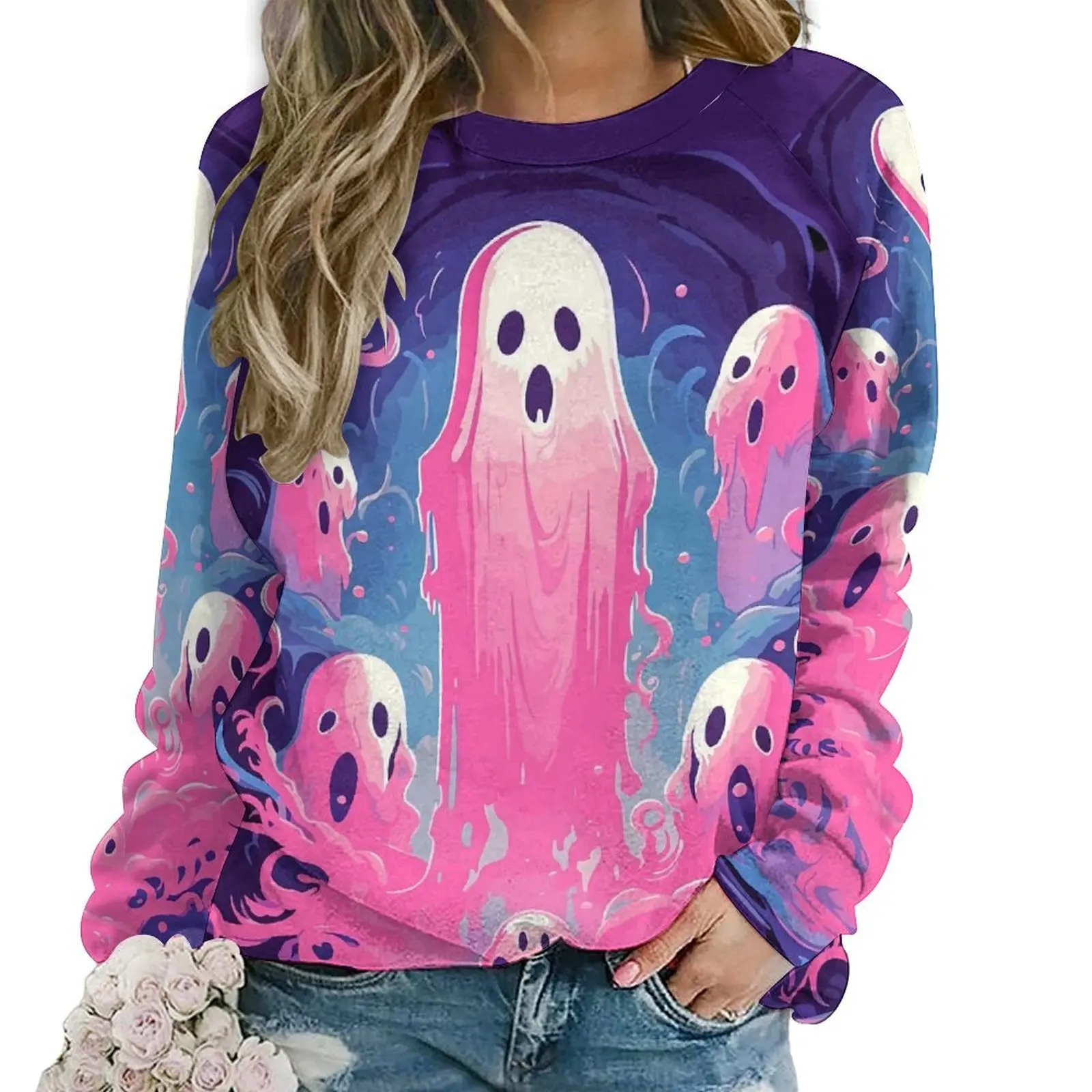 

Pink Ghost Hoodies Cute Halloween Hip Hop Oversized Hoodie Women Long-Sleeve Retro Design Casual Sweatshirts