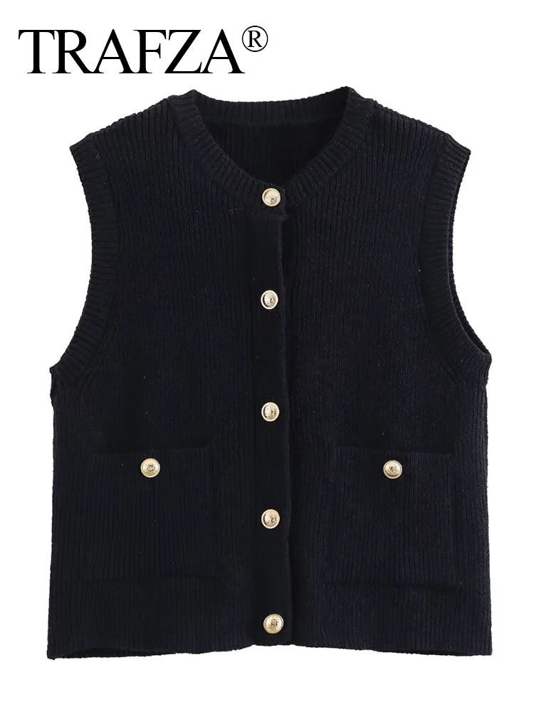 TRAFZA 2024 Vintage Women Solid Knitted Waistcoat Sleeveless Pocket Single Breasted Slim Cardigan Jacket Vest Chic Lady Crop Top