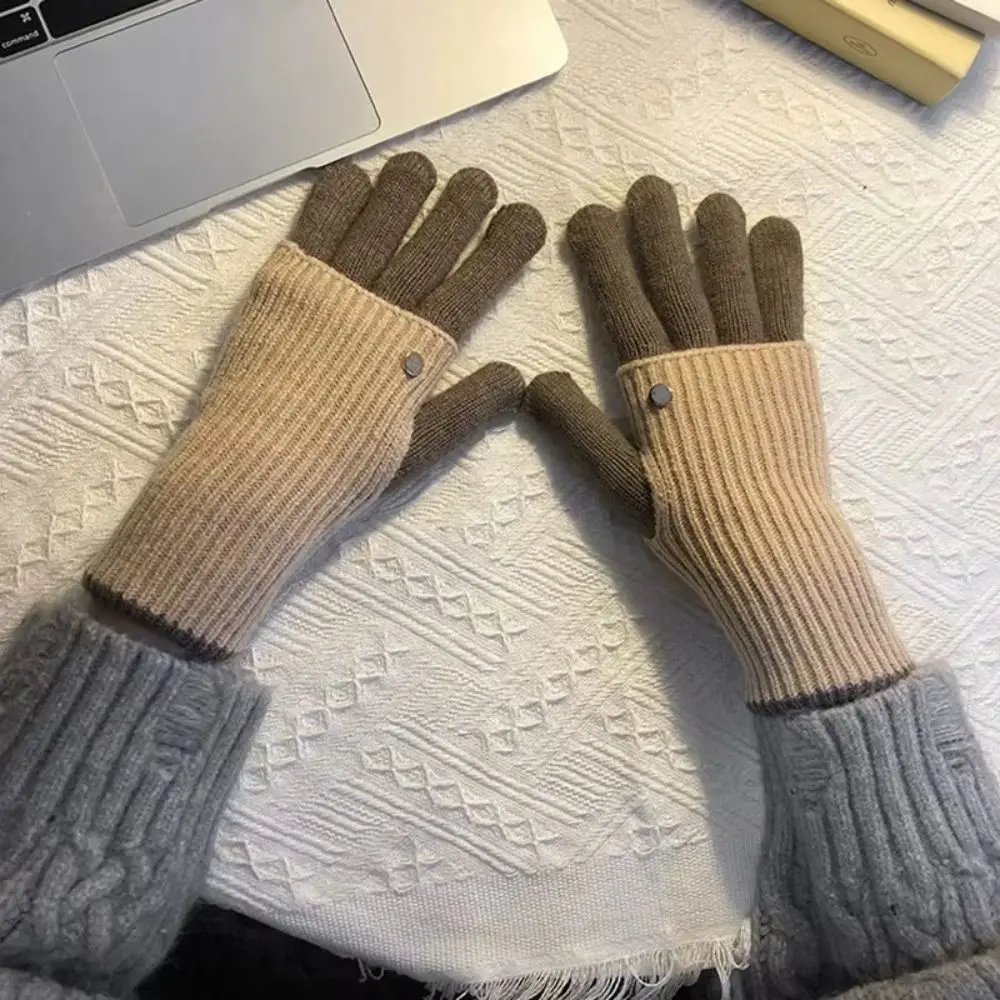 Casual Warm Color Blocked Knitted Gloves Open-Finger Dual-purpose Winter Women Gloves Soft Candy Colored Arm Cover Outdoor