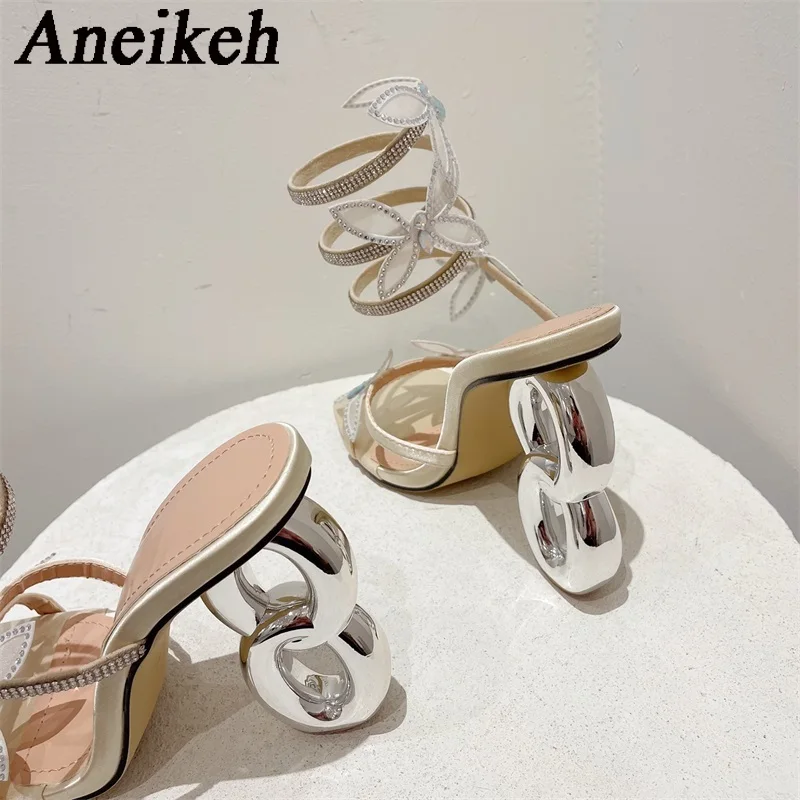 Aneikeh Strange Style Metal Fretwork Heels Gladiator Sandals Women Summer Fashion Peep Toe Butterfly Square Toe Party Dress Shoe