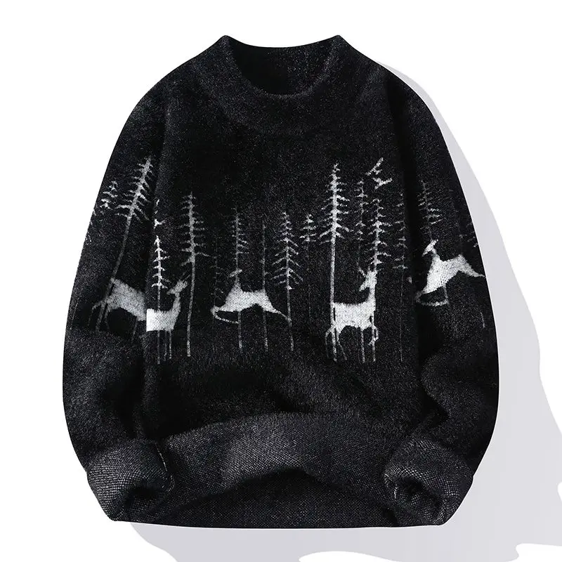 Korean Style Men's Printing Sweaters Velvet Thickening New Bottoming Shirt Casual Harajuku High Quality O-neck Pullover Sweater