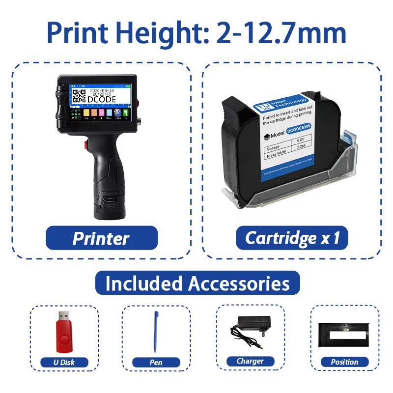 DCODE 1750PLUS 12,7/25,4 mm draagbare draagbare inkjetprinter Tekst QR Barcode Labelprinter Batchnummer Logo Datumcoderingsmachine