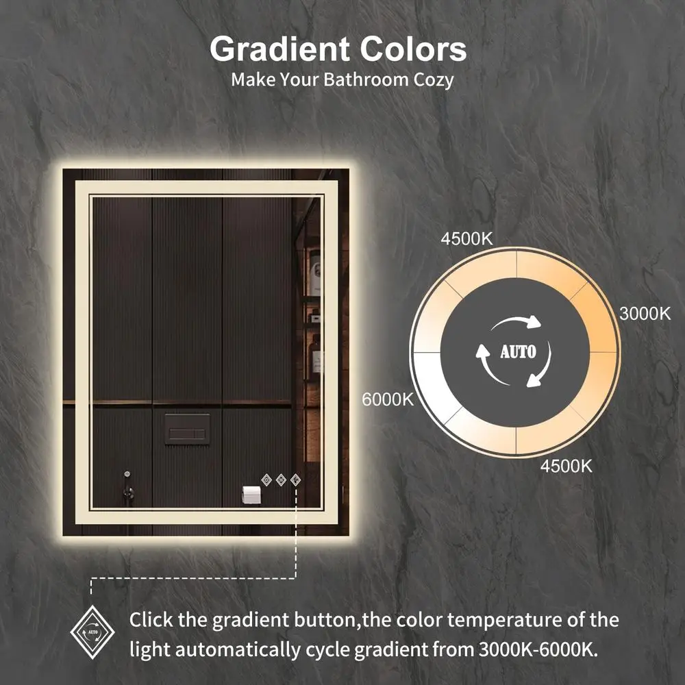 مرآة مضاءة LED 36 × 28 مع إضاءة متدرجة، 3 ألوان قابلة للتعتيم، عالية CRI، مضادة للضباب، مثبتة على الحائط أو مرآة حمام معلقة #3