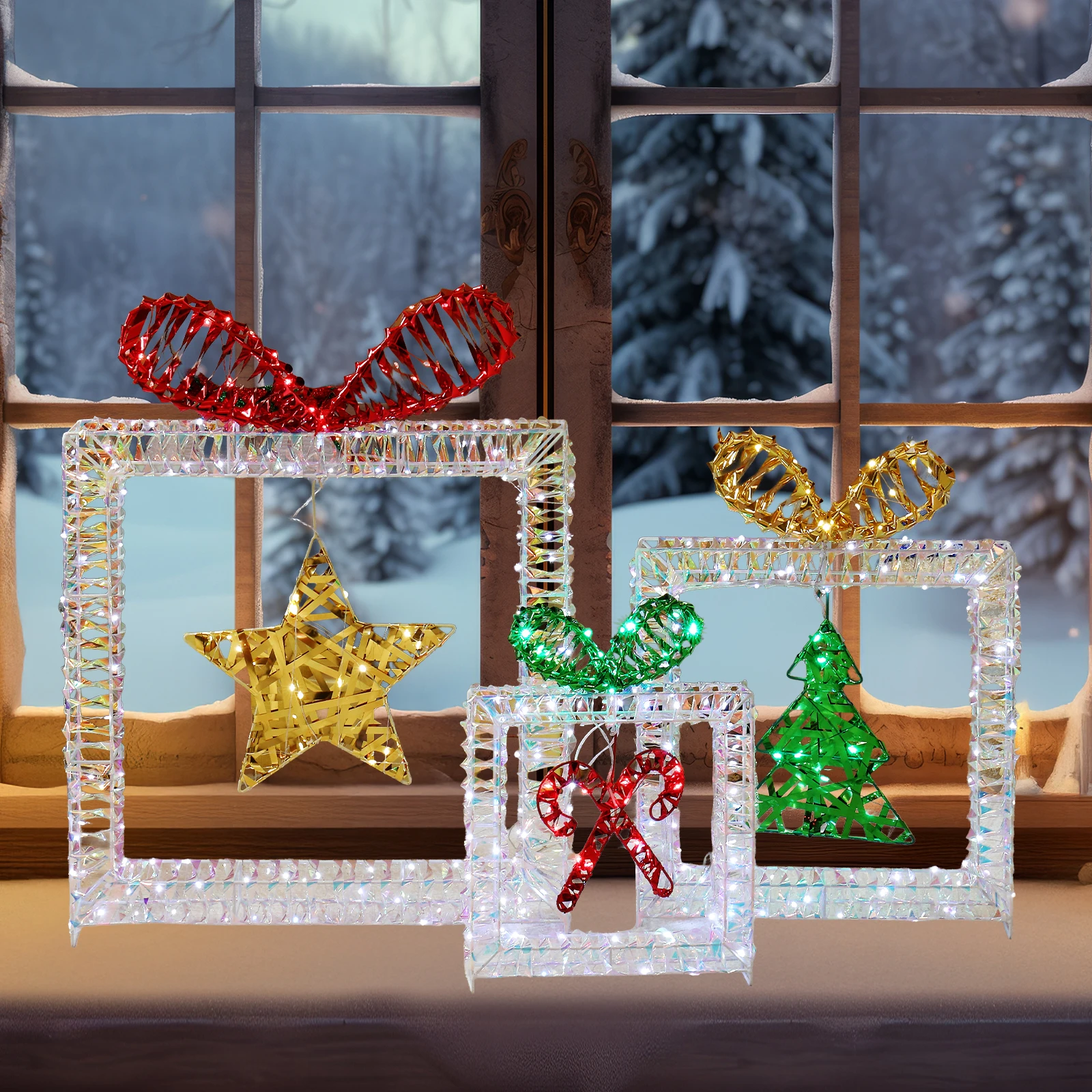 Set of 3 Lighted Iridescent Cut-out Gift Box Christmas Decorations, Pre-lit Holiday Decor with 357 White LED Lights, Battery Powered, Indoor Outdoor Xmas Lighted Display