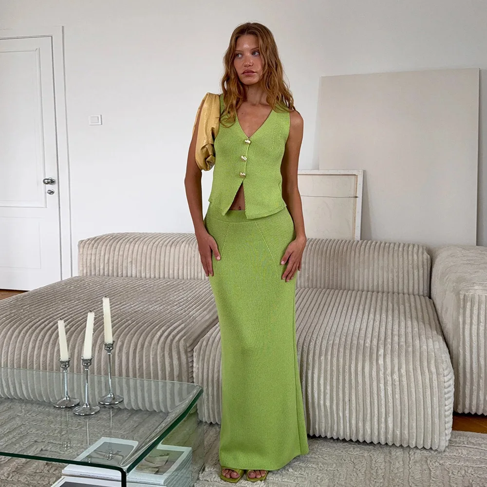 Sexy Knitted Women's Suit Skirt Set 2 Pcs Vest+Prom Dress Sleeveless Waistcoat Summer Party Gown Holiday Birthday Formal Wear