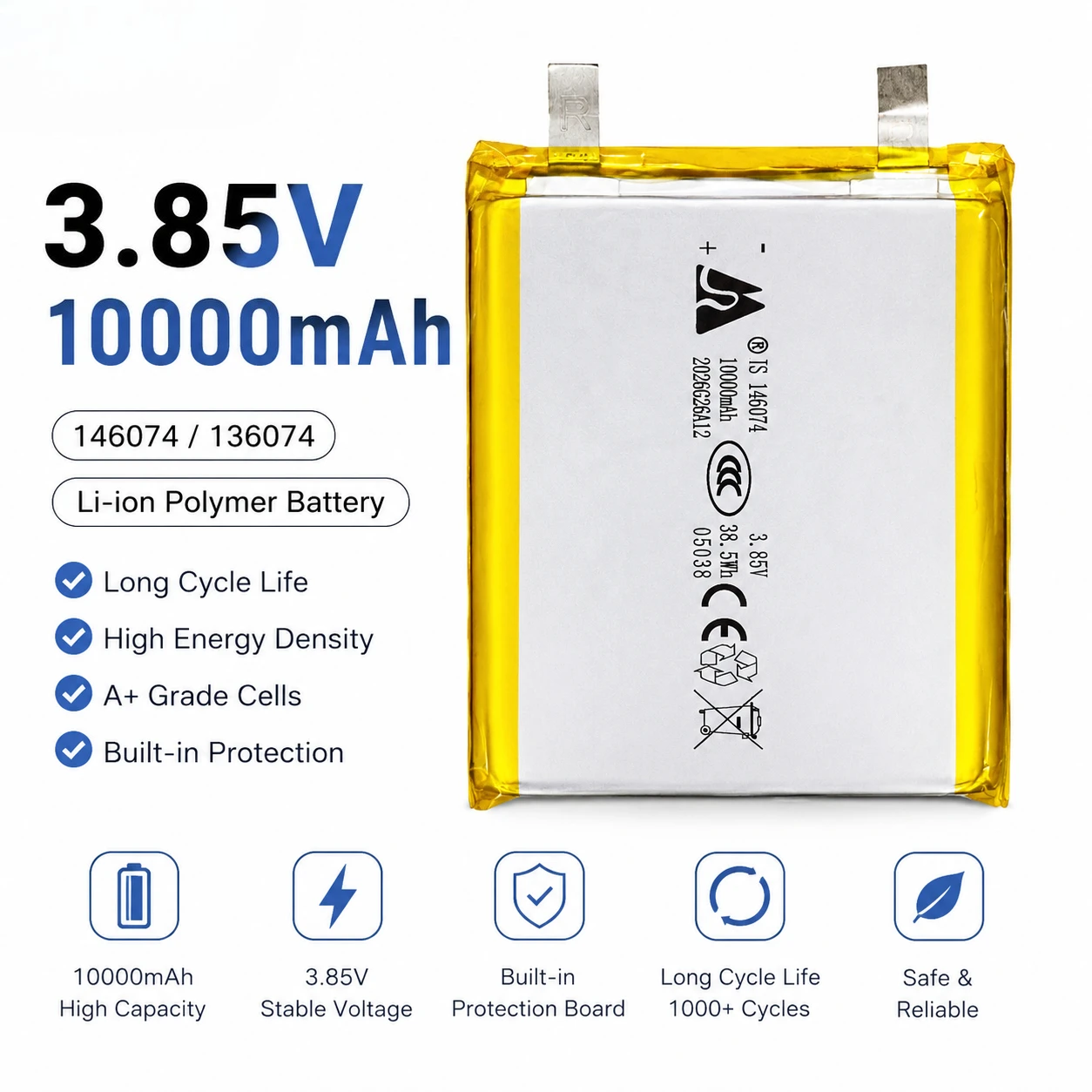 3.7V 10000mAh 146074/136074 Lithium Polymer Battery 3.85V Lipo Li-Po Rechargeable Batteries for Power Bank Laptop Hand Warmer