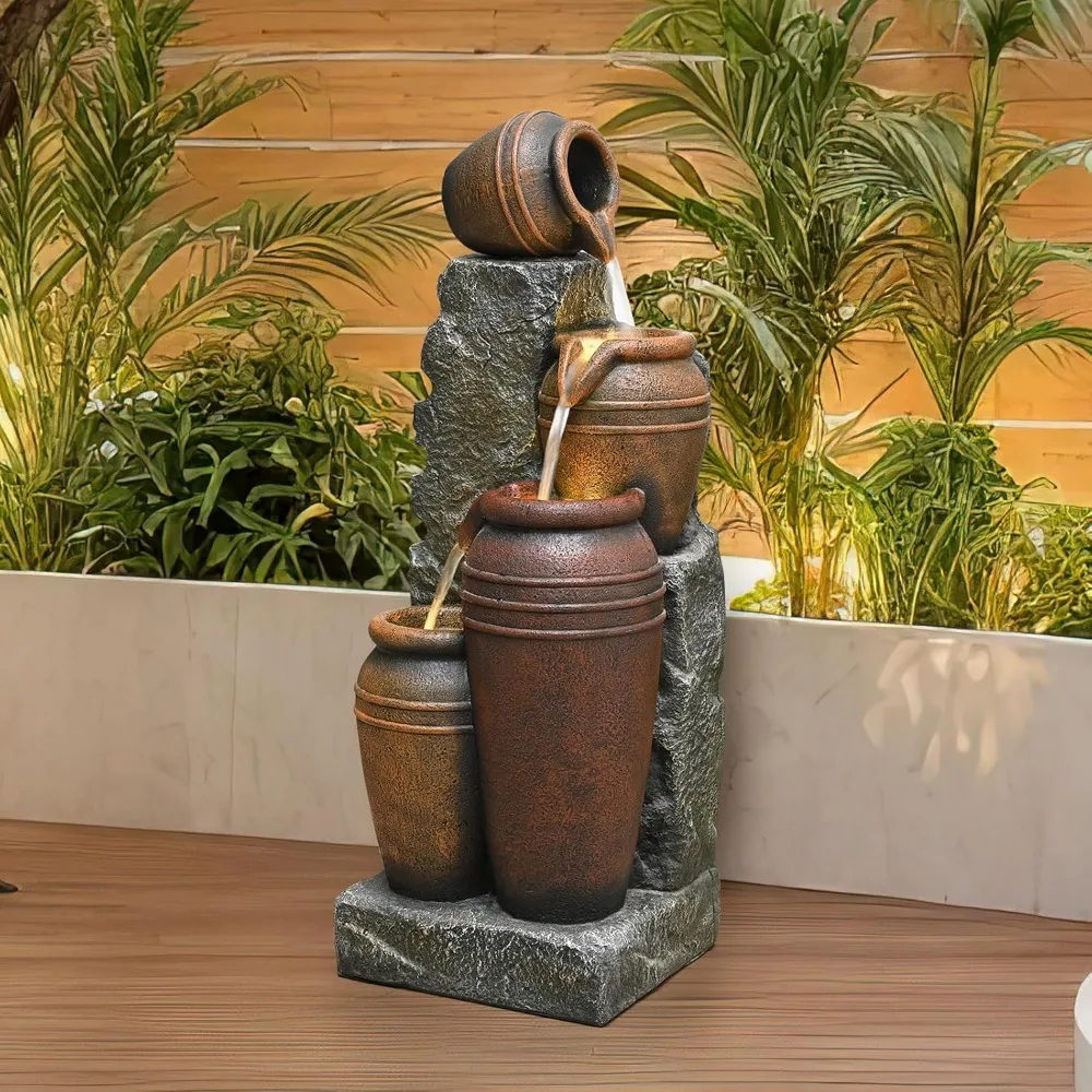 

Outdoor Water Fountain 4 Tiered Cascading Pots with Lights - 33.74" H Outdoor Freestanding LED Waterfall for Garden, Backyard, H