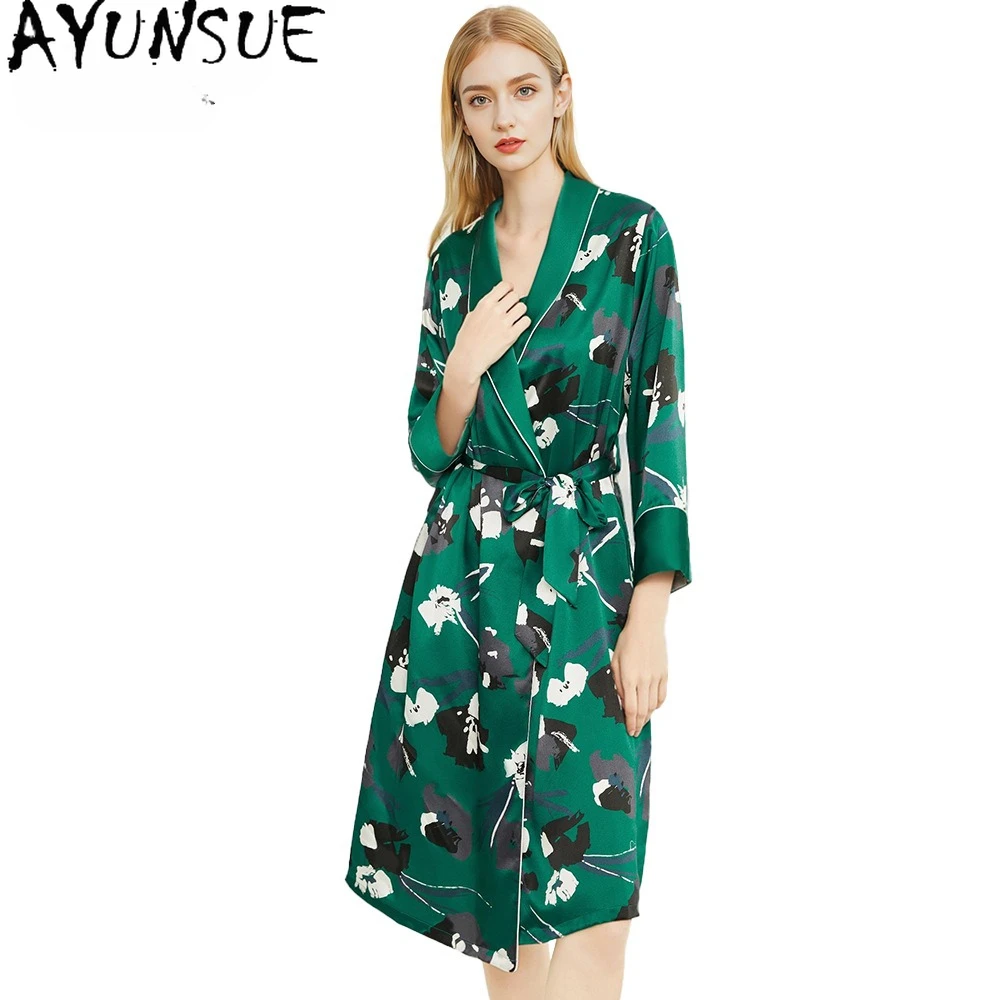 AYUNSUE 16Mm 100% Mulberry Silk Robe Gorwn Sets Women Spring Summer Pajama Set Sexy Sleepwear Women's Home Clothes Two Piece Set
