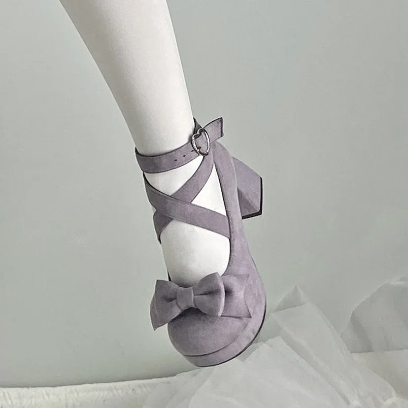 Elegant Fashion Lolita Round Toe Women High-Heeled Shoes Spring and Autumn Sweet Solid Color Velvet Cross Strap Bow High Heels