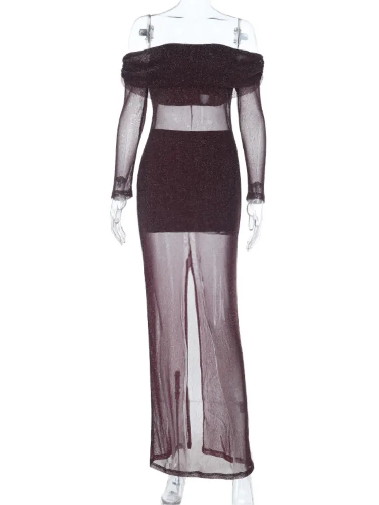 قبالة الكتف فستان رصاص المرأة الخريف الاتجاه كم طويل مثير أنيق مساء حفلة نحيل تمتد ماكسي Bodycon فساتين 2026