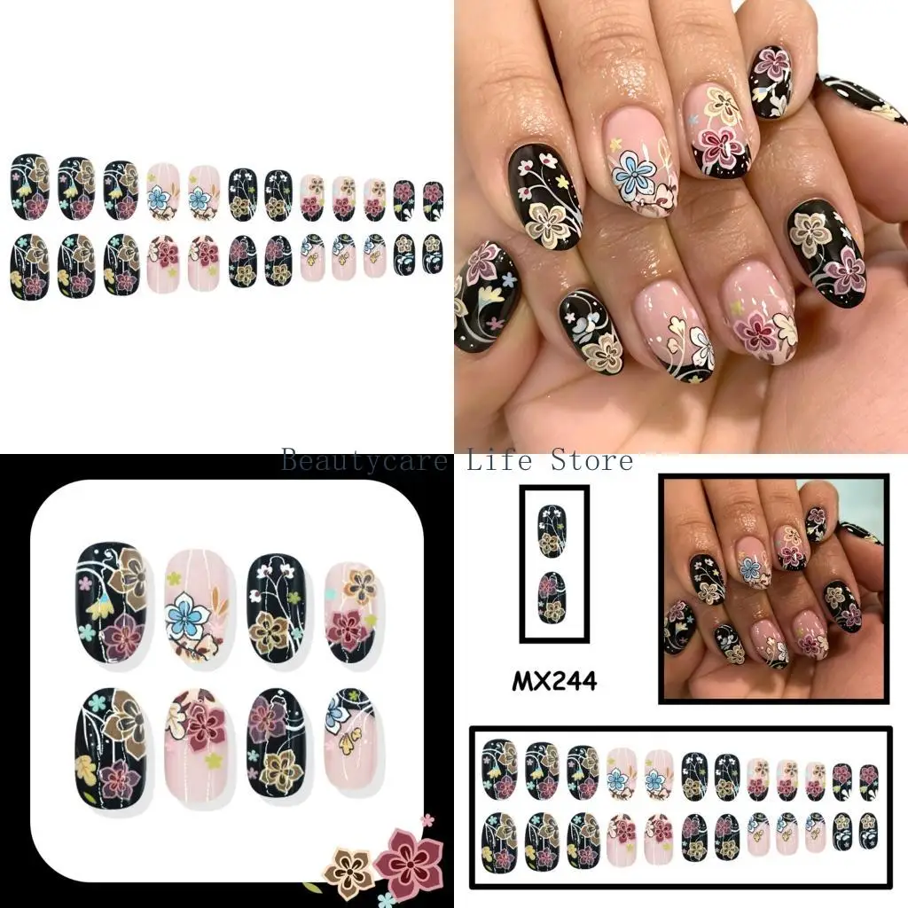 652C Black and Soft Pink Press On Manicure, Short Oval Floral Design with ABS Material for Office Wear, Dinner Plans, and Fast