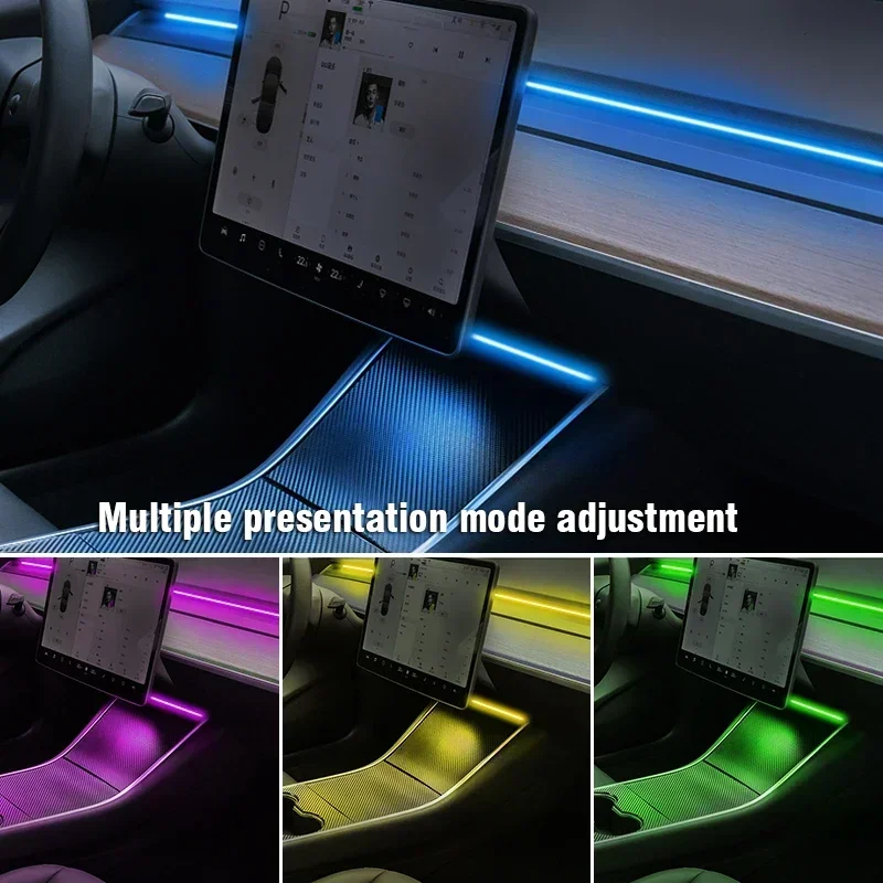 For Tesla Model 3 Y Center Console Dashboard Wireless Charging Light Neon Strip 64 Colors RGB LED Ambient Lamp USB APP Control