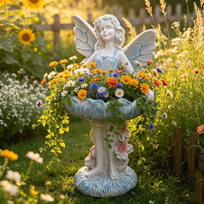Winged Angel Girl Flower Pot Retro Courtyard Ornament for Garden Balcony Resin Landscape Decor Elegant Planter Statue for Patio
