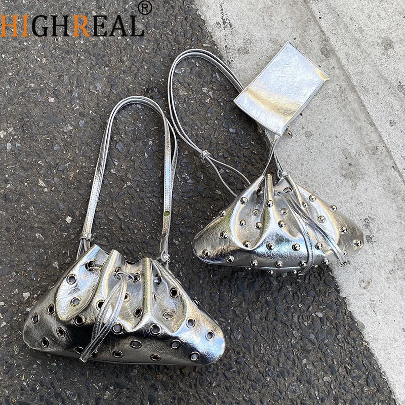 

Роскошные сумки-ведра с заклепками для женщин, высококачественные сумки на шнурке, сумка на плечо из искусственной кожи, женский клатч в стиле панк, новые кошельки