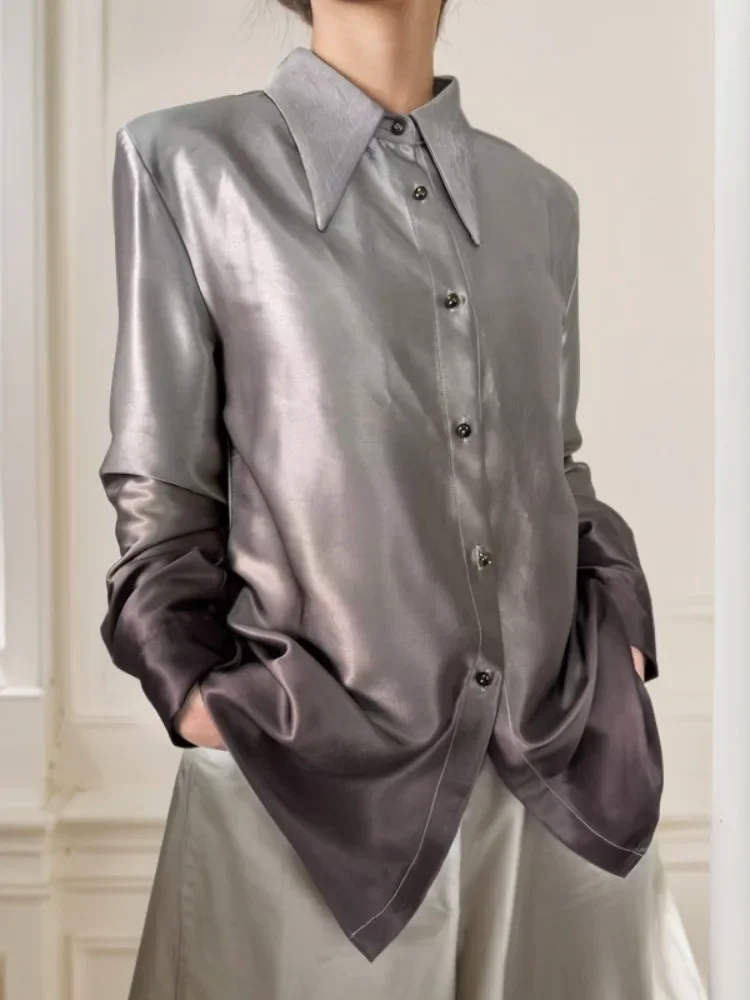 

Beautyblue модная рубашка с градиентом для женщин, серые блузки с лацканами, свободные элегантные женские офисные топы на пуговицах с длинными рукавами