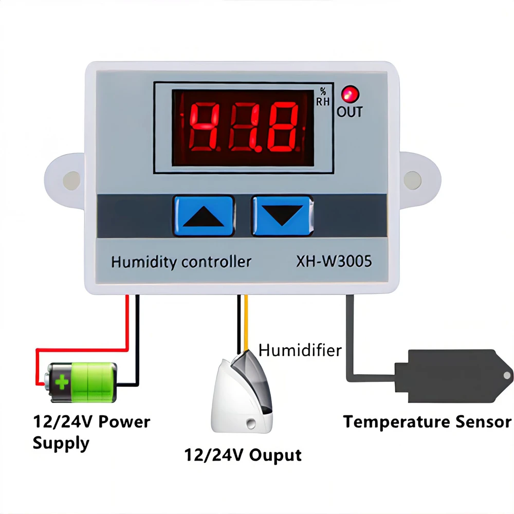 XH-W3005 DC 12V 24V AC 110-220V 10A Digital Humidity Controller Hygrometer Control Switch 0~99%RH Hygrostat With Humidity Sensor