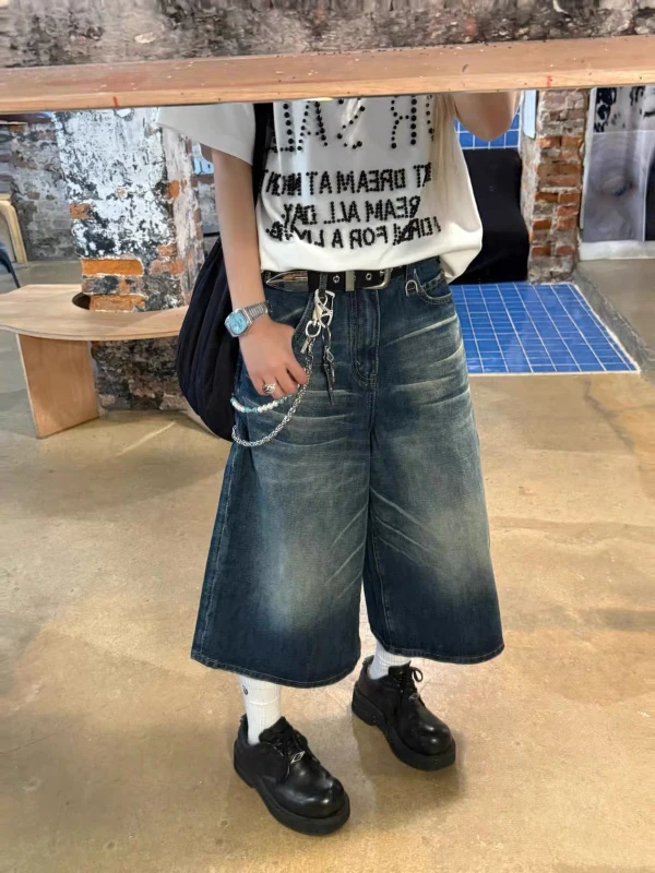 

American Style Loose Fit Blue Denim Seven-Foot Pants Women's Spring Summer New Style Straight Leg Wide Leg Jeans