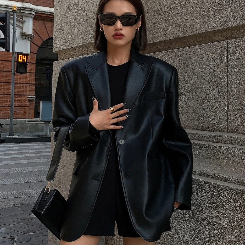 Ousph Chaqueta de traje de cuero PU negro para mujer Textura de alta calidad Ajuste suelto para primavera Otoño Invierno