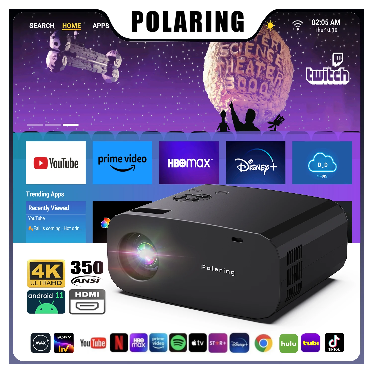 Polaring P7 Pro Android Projector All Winner H713 6G Wifi BT 350Ansi Cinema Home Keystone HDMI Proyector 1080P 4K  projector